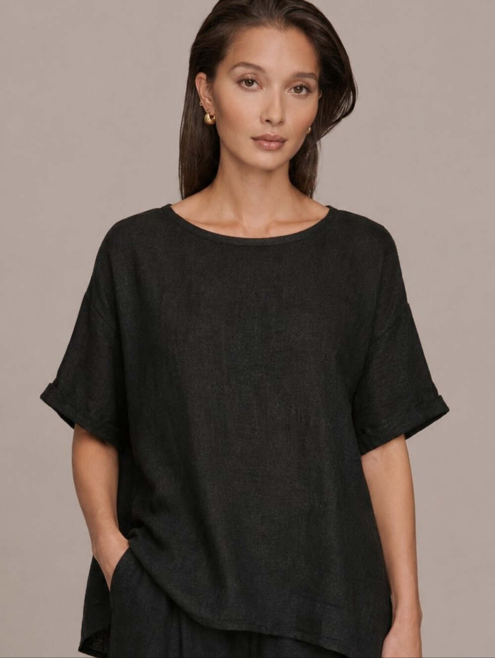 Donna Karan Black Relaxed 100% Linen Boxy Short-Sleeve Tunic Top Sz M